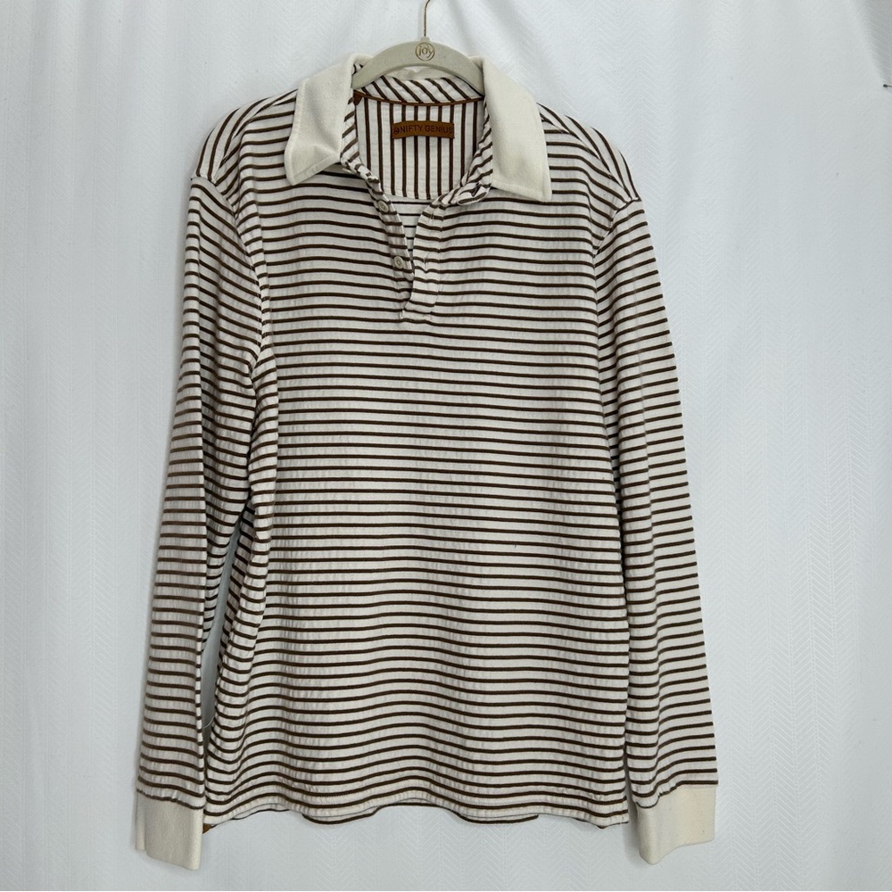 Nifty Genius polo size large long sleeve striped cream and tan